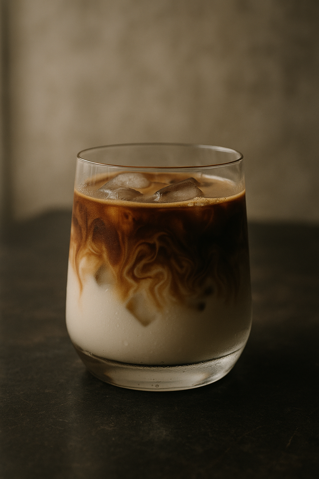 Dirty Espresso im Glas mit sichtbarer Schichtung aus Espresso und kalter Milch