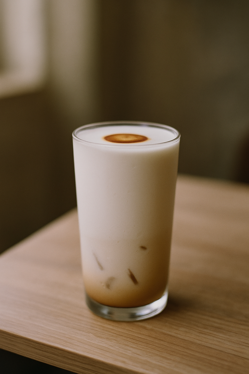 Iced Flat White im hohen Glas mit Eis und feinem Milchschaum