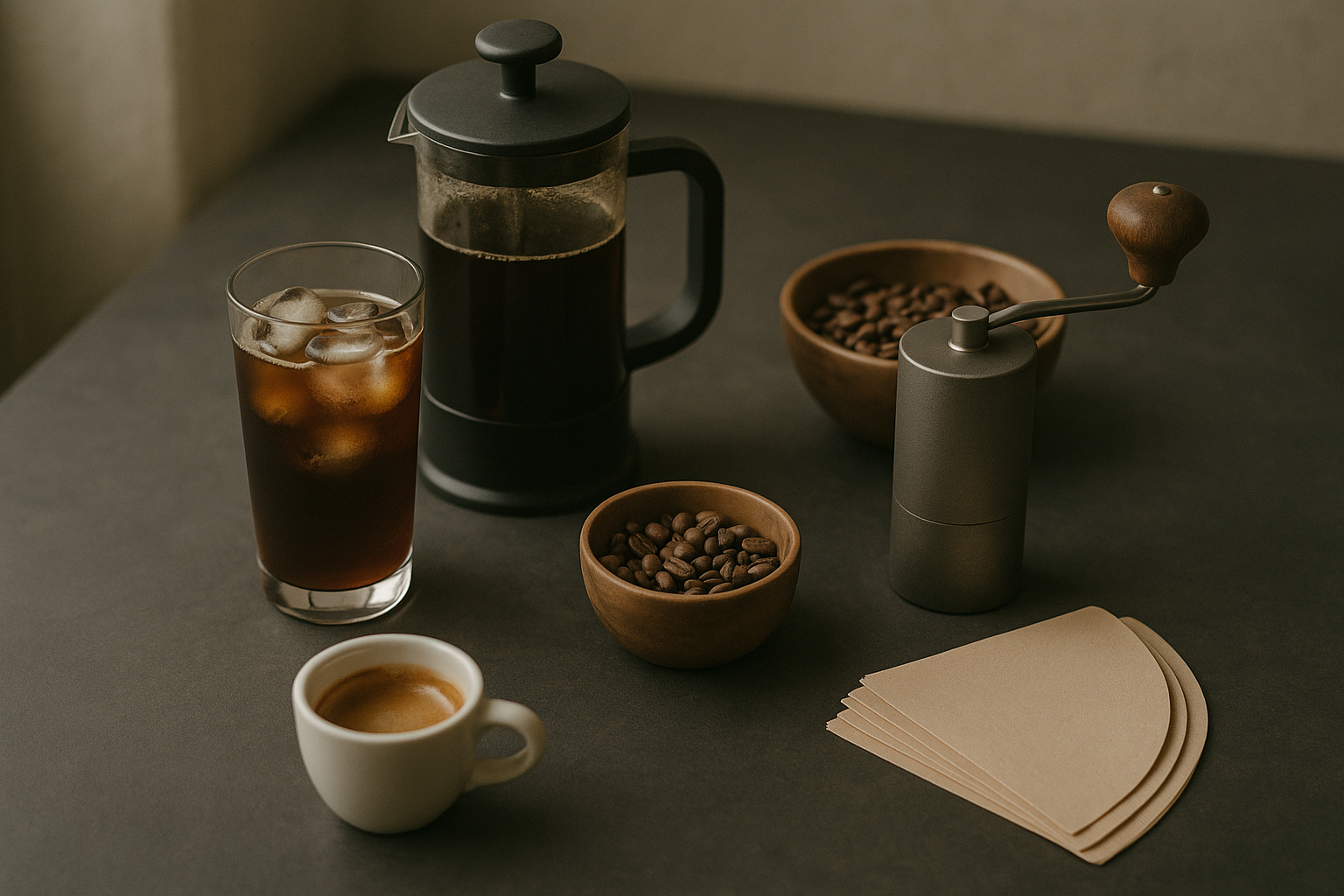 Kaffee-Übersicht: Espresso, Cold Brew, French Press, Bohnen und Zubehör