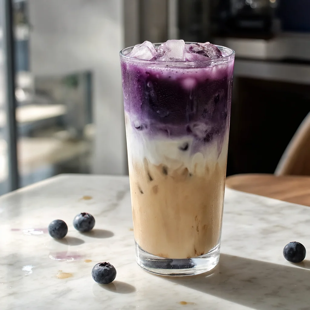 Blueberry Iced Latte mit Farbschichtung – Trend 2025