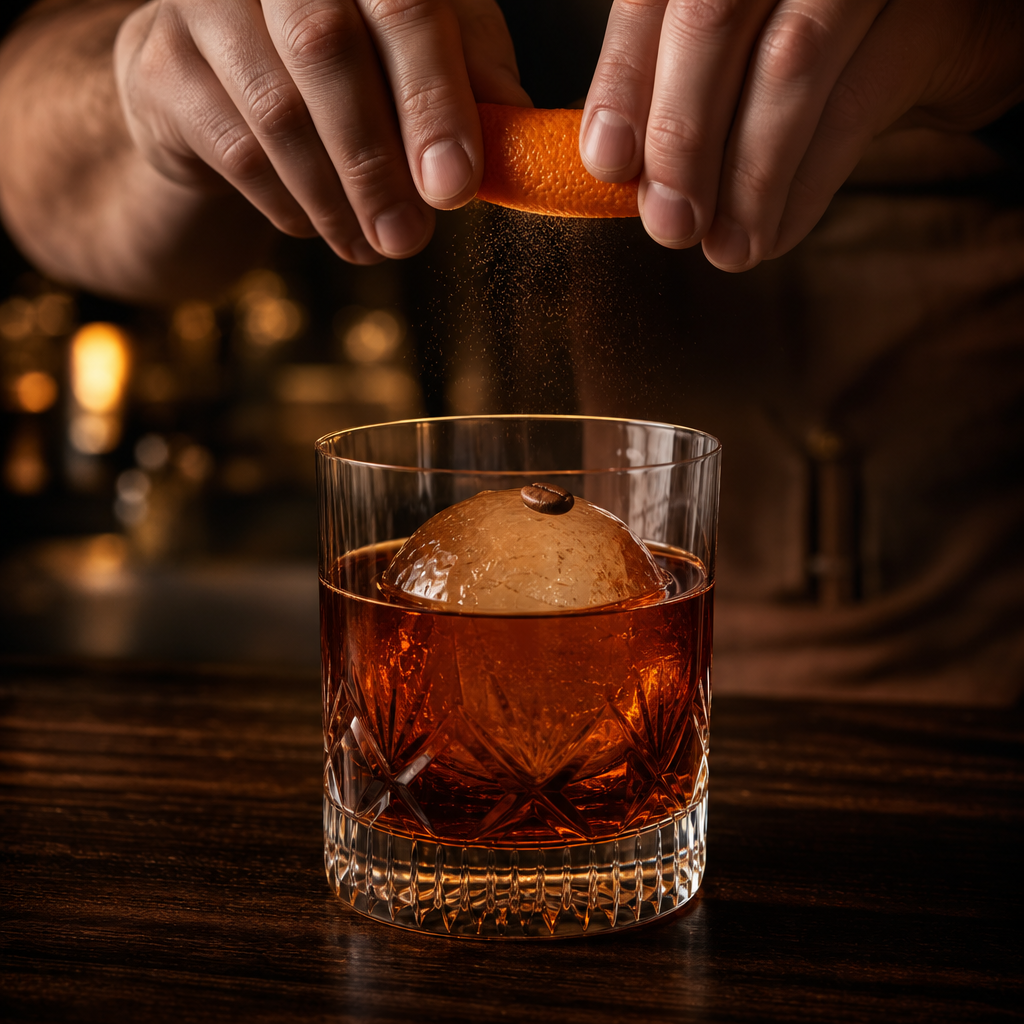 Espresso Old Fashioned mit Orangenzeste