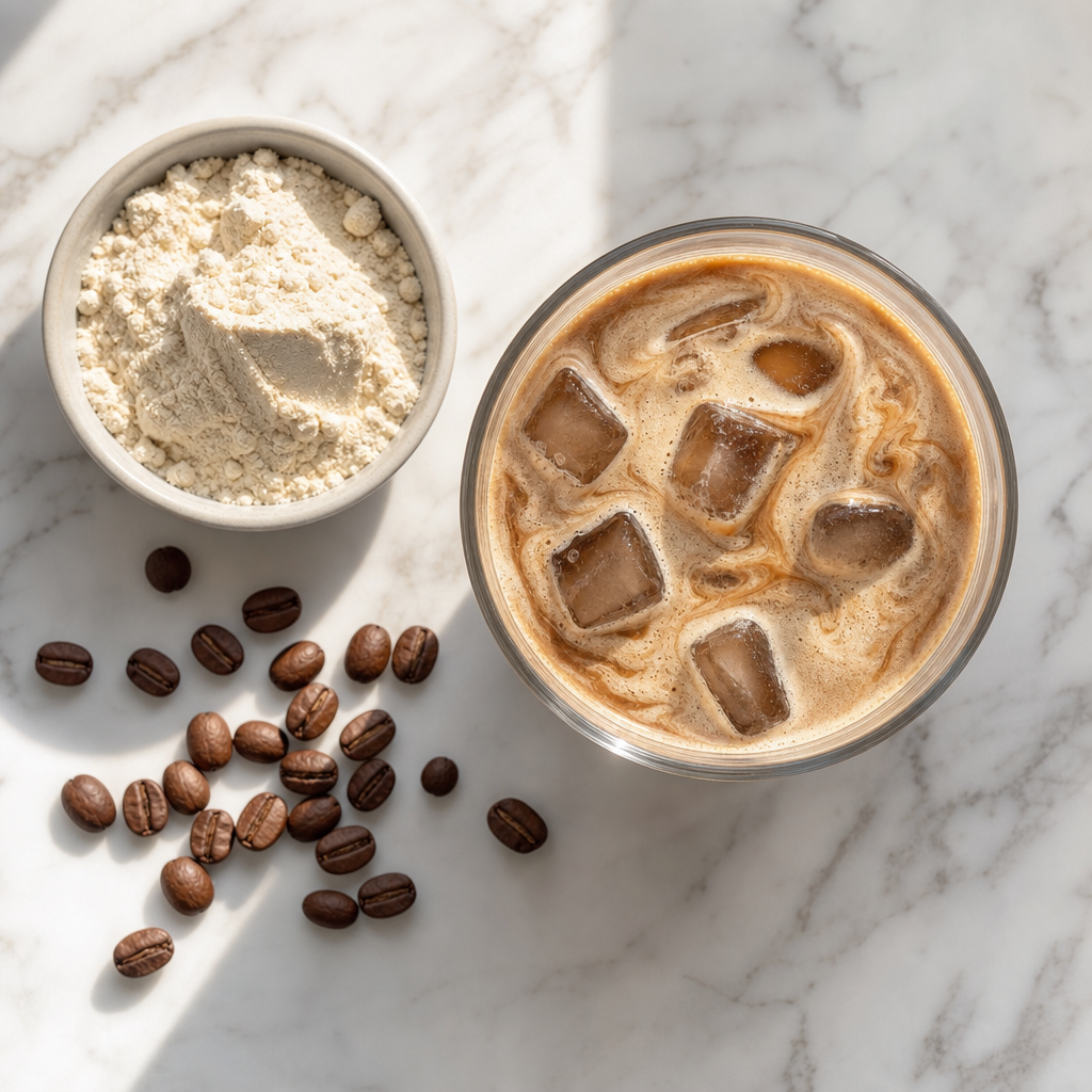 Protein Coffee mit Whey und Kaffeebohnen
